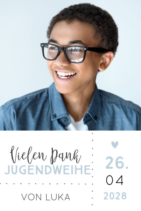 Dankeskarte zur Jugendweihe mit Foto und hellblauer Schrift