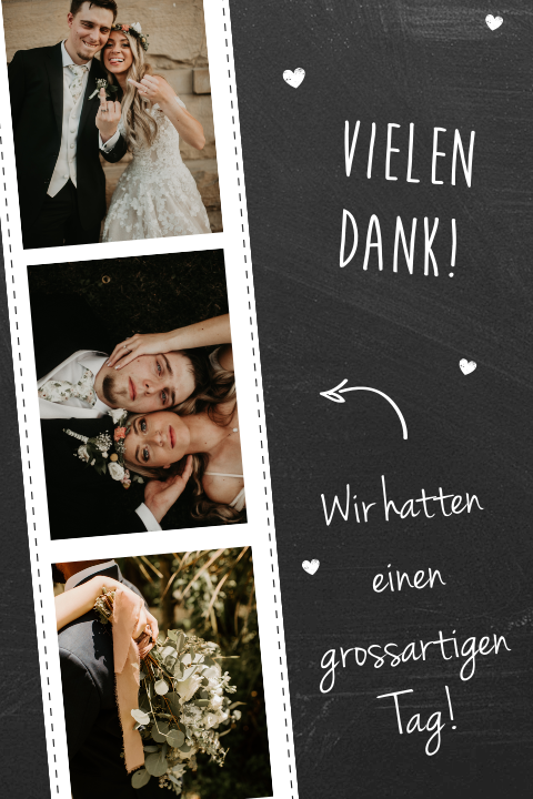 Dankeskarte Hochzeit mit Fotostreifen auf Tafel