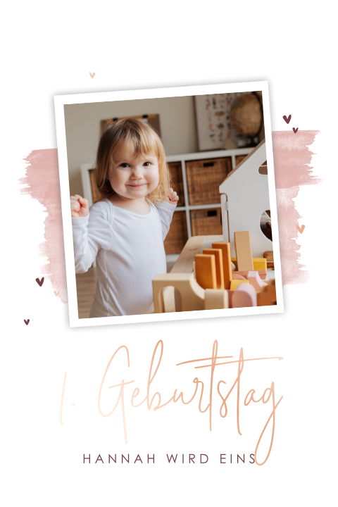 Kindereinladung für ein Mädchen mit Foto, roségold und rosa Aquarell