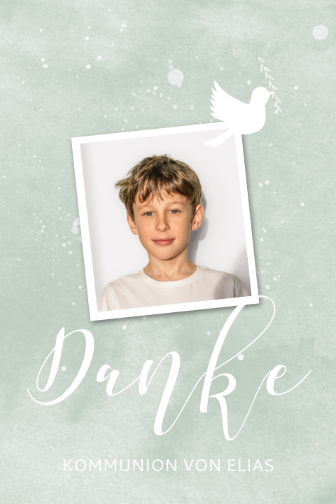 Dankeskarte zur Kommunion mit Foto und grünem Aquarell-Look