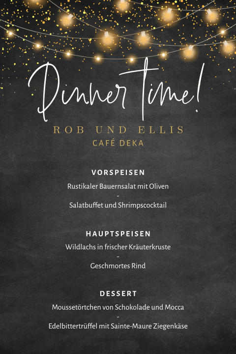 Menükarte Hochzeit mit schwarzem Hintergrund und Lichterkette