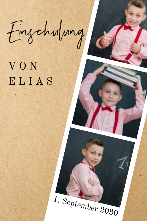 Einladung zur Einschulung mit Fotostreifen im Kraft-Look
