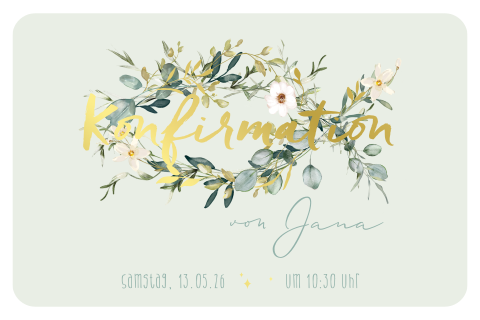 Konfirmations-Einladung mit Zweigen, Blättern mit Foliendruck