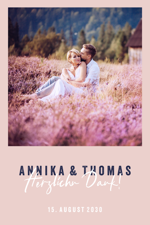 SchickeDankeskarte mit Foto und altrosa Hintergrund für Sommerhochzeit