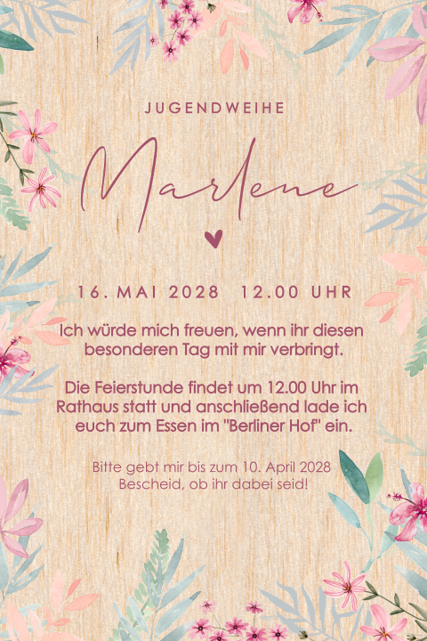 Einladungskarte zur Jugendweihe aus hellem Holz mit Frühlingsblumen