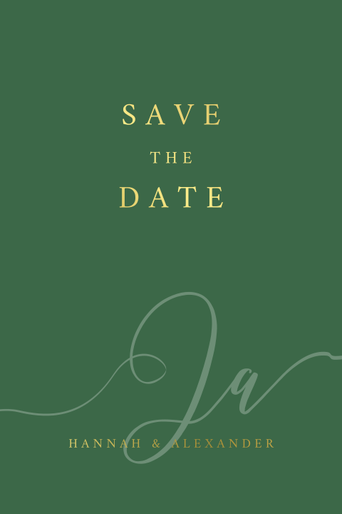 Save the Date Karte in Grün mit goldener und kunstvoller Schrift