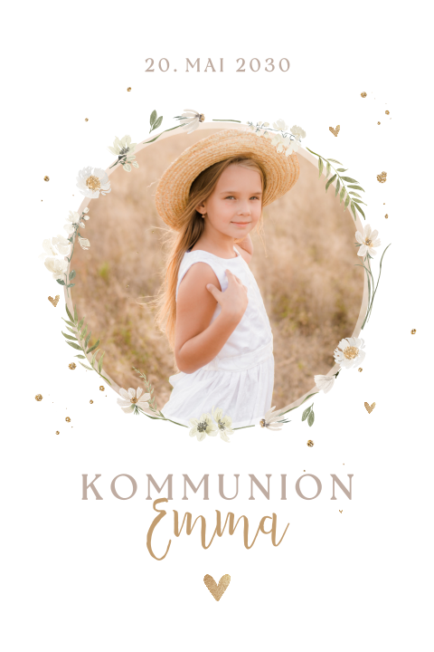 Süße Einladung zur Kommunion mit Blumenkranz und Foto