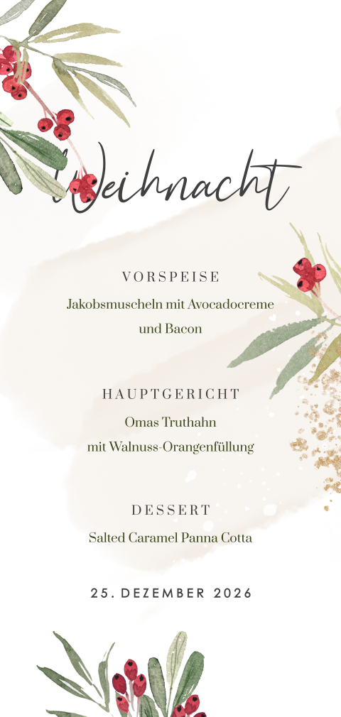 Weihnachtsmenü-Karte mit Zweigen und Aquarell