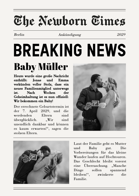 Schwangerschaftsankündigung im personalisierten Zeitungsstil