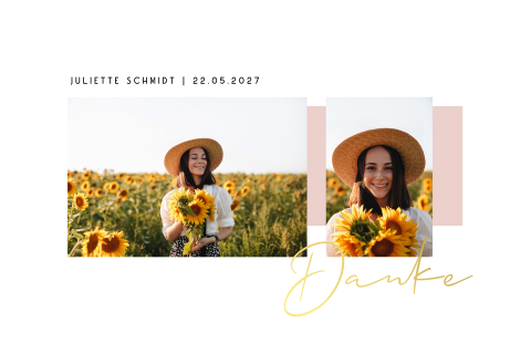 Danksagung zur Konfirmation mit Fotos, Goldfolie und rosa Farbflächen