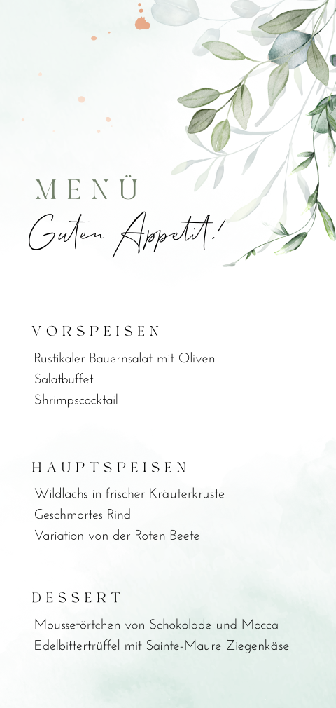 Greenery Menükarte mit Eukalyptus und Foliendruck