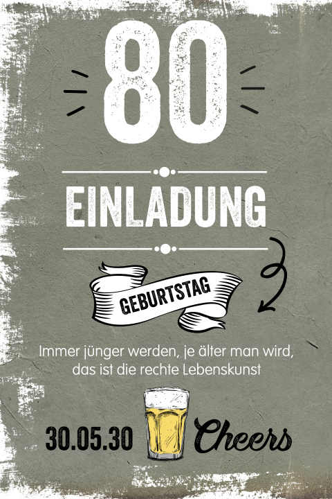 Einladung zum 80. Geburtstag in Grau mit Bierglas