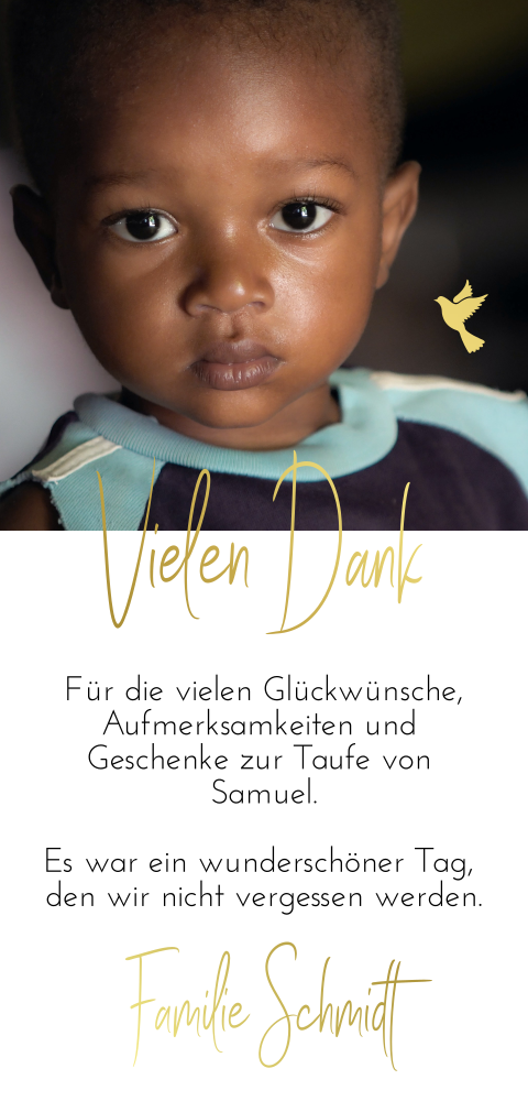 Danksagung Taufe im Hochformat mit Goldfolie und Foto