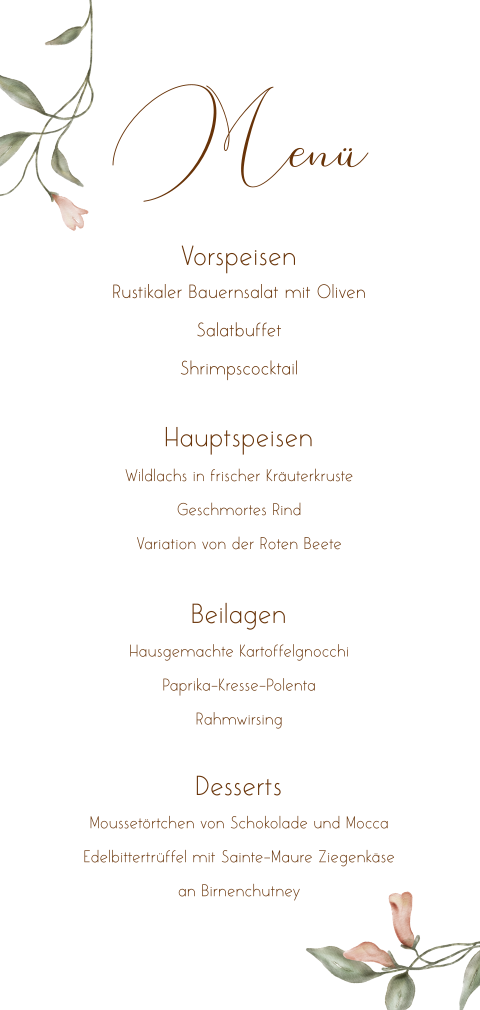 Menükarte mit rosa Aquarell Blumen und geschwungener Schrift