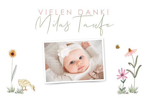 Süße Dankeskarte Taufe mit Entchen, Bienchen und Blumen