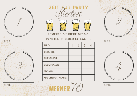 Tischset zum 70. Geburtstag mit Bier Bewertungsspiel oder Test