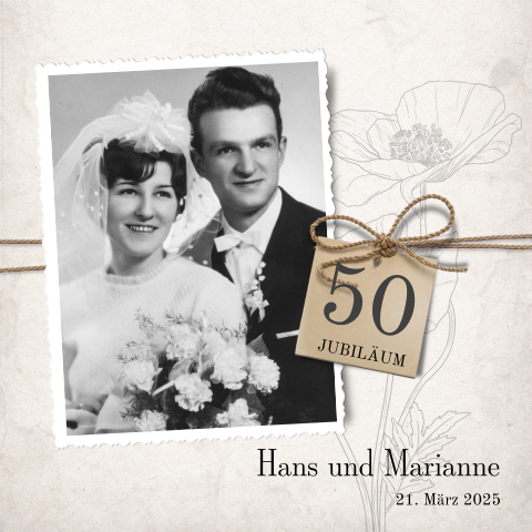 Klassische Einladung zur goldenen Hochzeit mit Blumenzeichnung