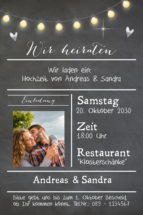 Stilvolle Einladung zur Hochzeit mit Herzen und Foto