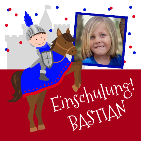 Einschulungskarte mit Foto, Ritter und Konfetti