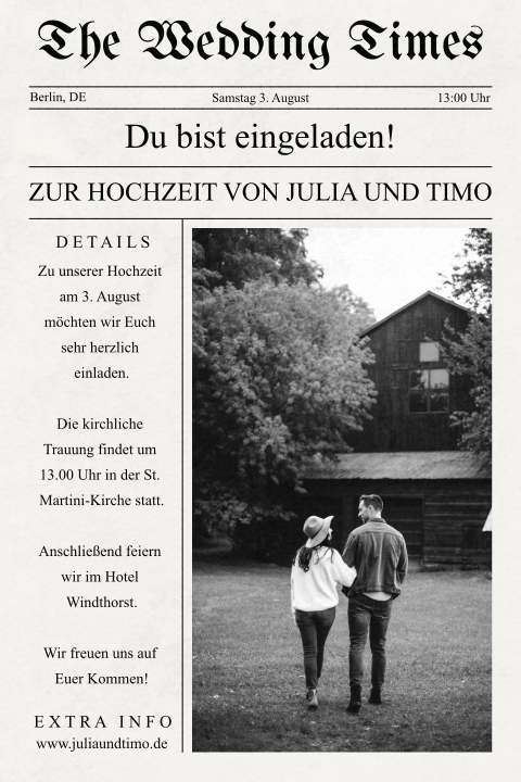 Ausgefallene Hochzeitseinladung Lustig im Zeitungs-Look