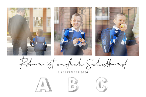 Dankeskarte zur Einschulung mit Fotos in Hochglanz und ABC