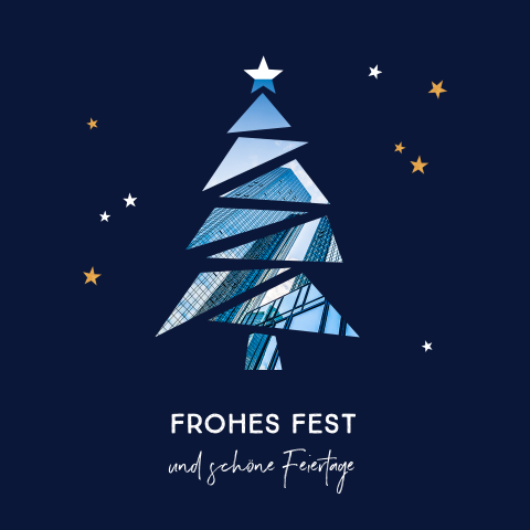 Moderne Weihnachtskarte in Blau mit kunstvollem Weihnachtsbaum