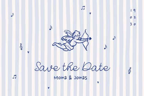 Save the Date Karte in Blau mit Streifenmuster und Cupido