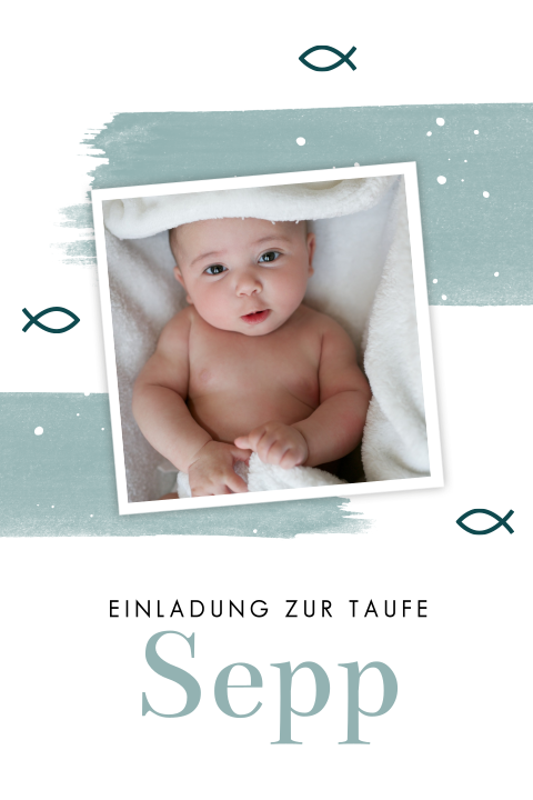 Hippe Einladung zur Taufe mit Fisch-Symbolik und blauen Farbstreifen