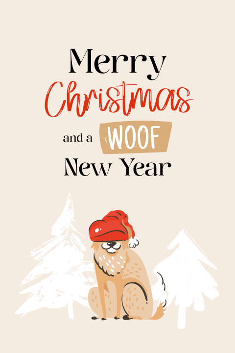 Lustige Weihnachtskarte mit Hund und Tannen