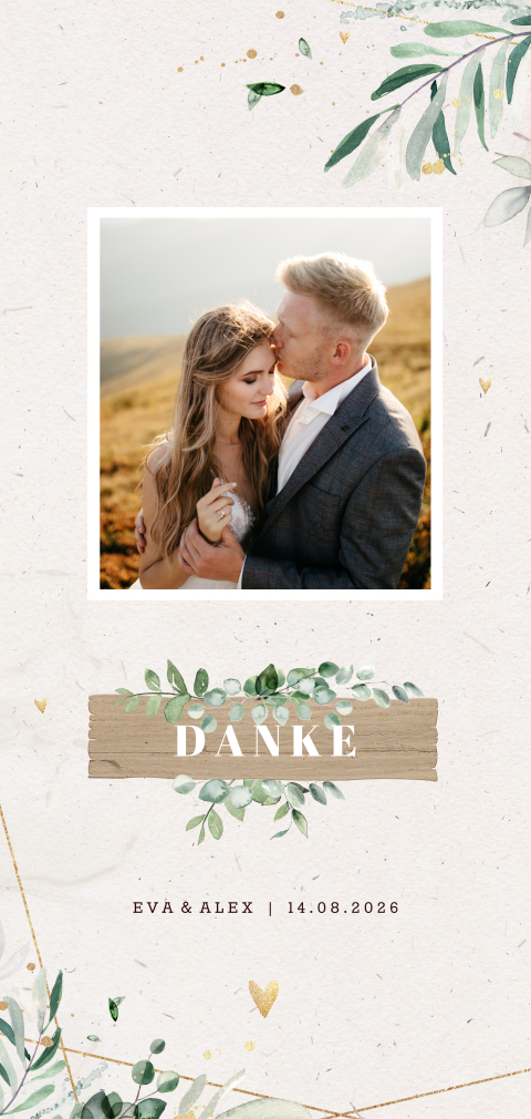 Dankeskarte zur Hochzeit mit Eukalyptus Zweigen und Greenery Look