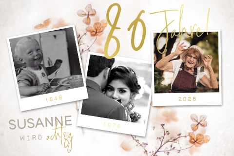 Goldfolien Einladung zum 80. mit Blumen und Fotos