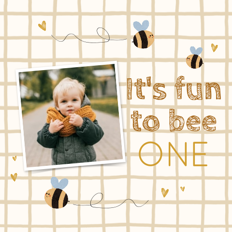 Süße Einladungskarte zum 1. Geburtstag mit Bienen und Foto