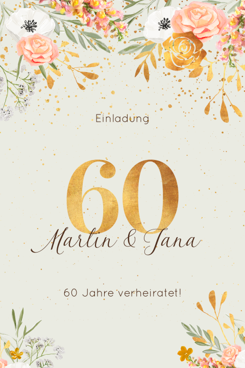 Stilvolle Einladung zur Diamanthochzeit mit schicken Blumen