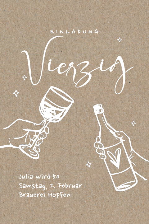 Kraftpapier Einladung 40. Geburtstag mit Sekt und Wein Illustration