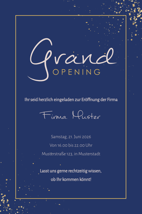 Einladung zum Grand Opening der Firma mit goldenen Sprenkeln und Logo