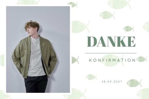 Danksagungskarte zur Konfirmation mit Foto und grünem Ichthys
