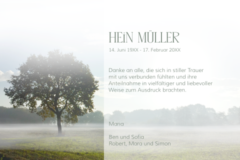 Dankeskarte Trauer mit Baum im Nebel