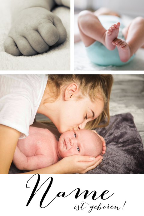 Geburtskarte mit vielen Babyfotos und verspielter Schrift