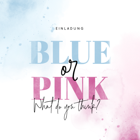 Gender Reveal Einladung mit Blau und Pink im Wasserfarben-Stil