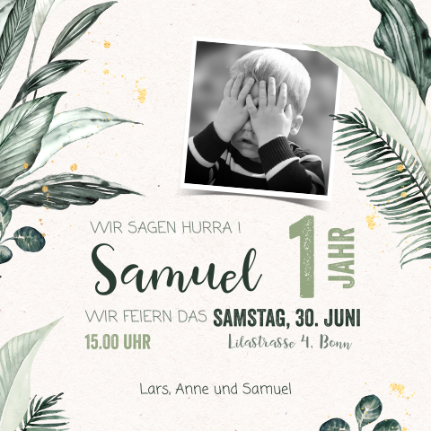 Stilvolle Einladung zum Kindergeburtstag mit grünen Aquarell Blättern