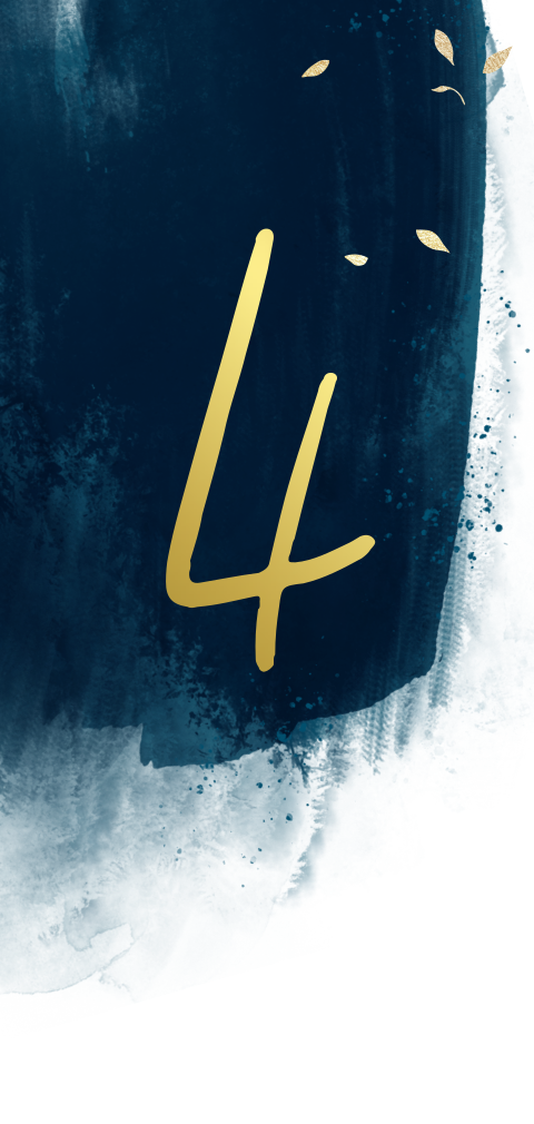 Karte mit Tischnummer mit Goldfolie und blauen Pinselstrichen