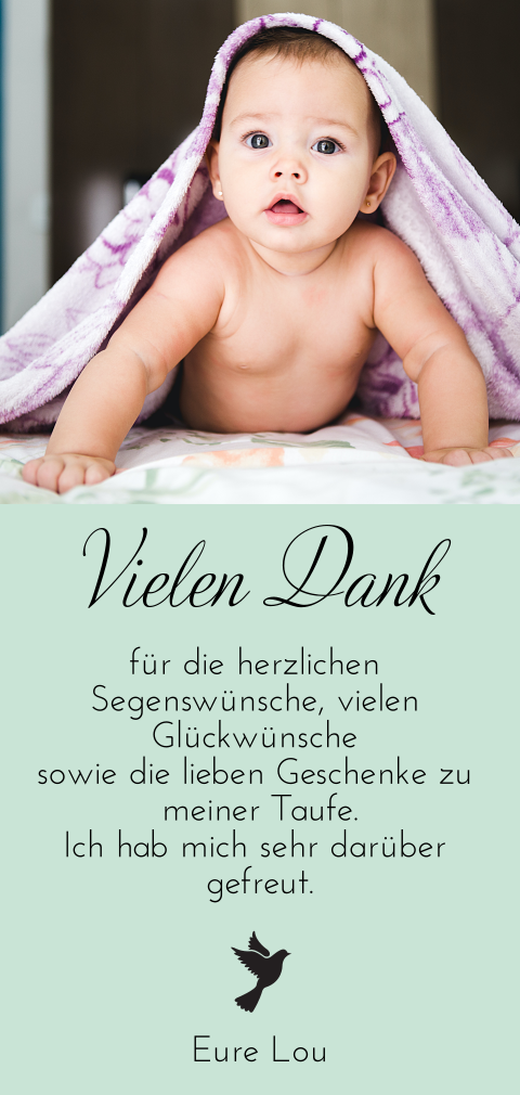 Dankeskarte zur Taufe in Pastelgrün mit Taube und Foto in Hochglanz