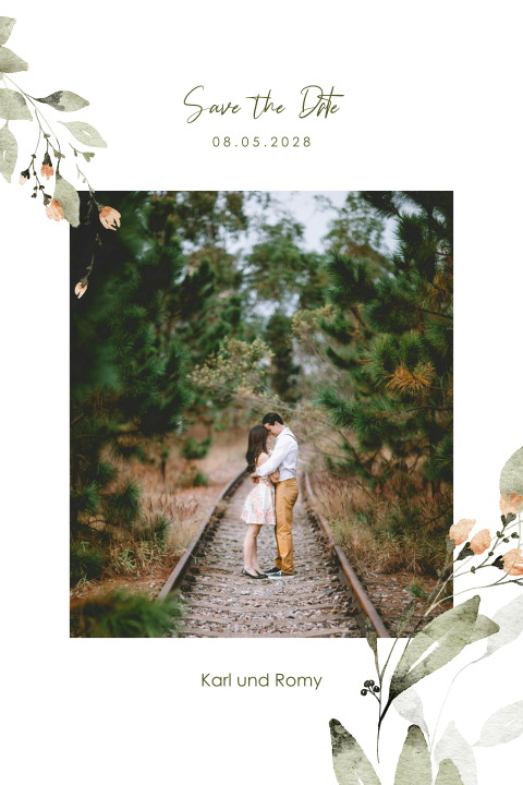 Save-the-date-Karte mit lachsrosa Blumenkranz