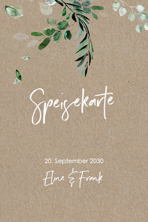 Florale Speisekarte auf echtem Kraftpapier mit Aquarellzweigen