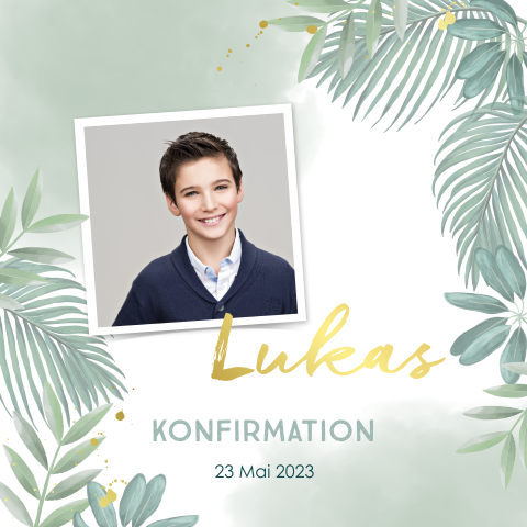 Stilvolle Einladung zur Konfirmation mit Zweigen und Foto