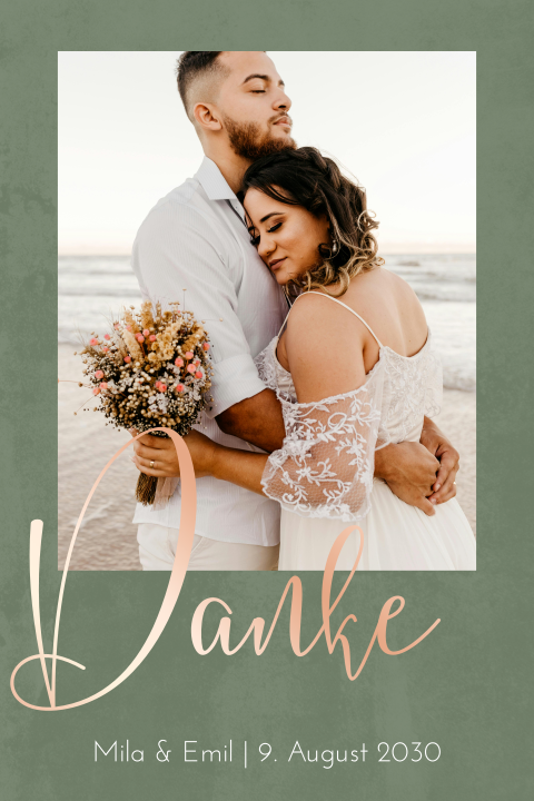 Dankeskarte Hochzeit Grün Polaroid-Foto mit Rosegoldfolie