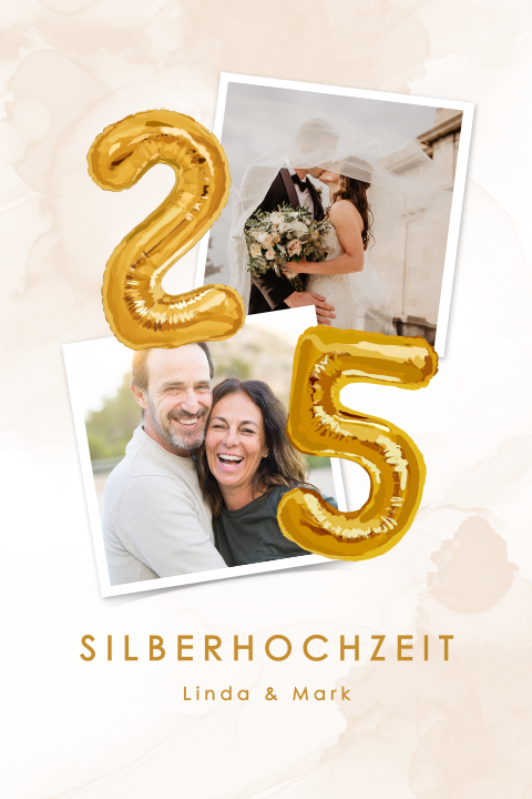 Einladung zur Silberhochzeit mit Ballonzahlen, Fotos und Aquarell