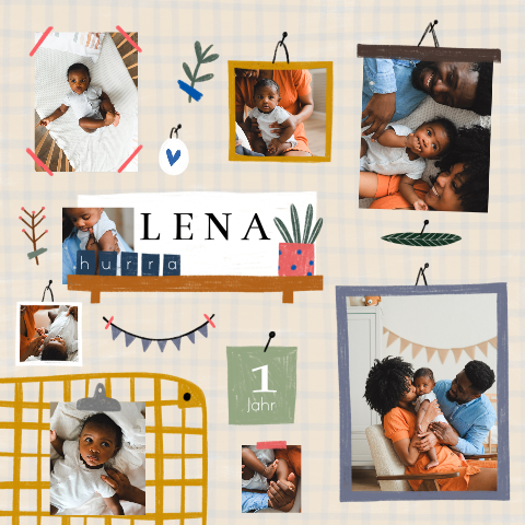 Einladung Kindergeburtstag mit Fotocollage auf kariertem Hintergrund