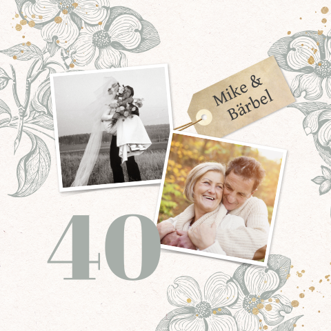 Klassische Einladung zur Rubinhochzeit mit Zweigen und Foto