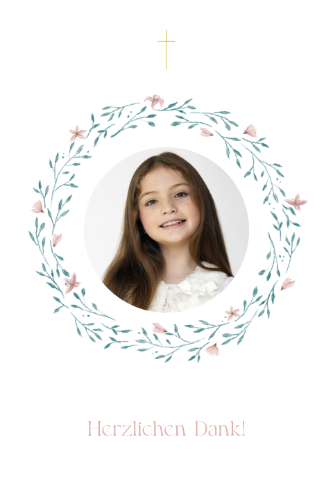 Dankeskarte zur Kommunion mit Aquarellblumen und Foto